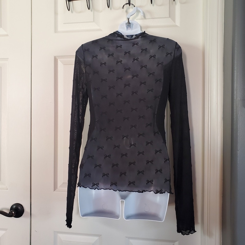 American Eagle Long Sleeves Mock-Neck Mesh Bow Blouse Sheer Goth Fairy Witchy M - Picture 4 of 10
